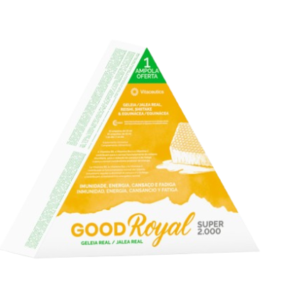 Embalagem triangular branca e amarela do suplemento GOOD Royal Super 2.000