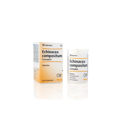 Embalagem e frasco com comprimidos Echinacea compositum Cosmoplex, branco com detalhes laranja