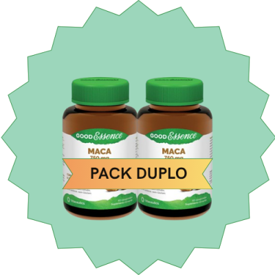 Frascos de suplemento MACA 750 mg GOOD ESSENCE, pack duplo com faixa amarela, fundo verde claro