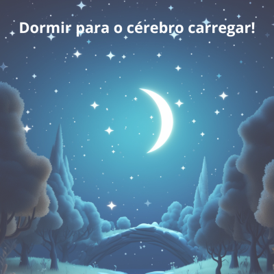 Paisagem noturna com lua crescente, estrelas e texto em português