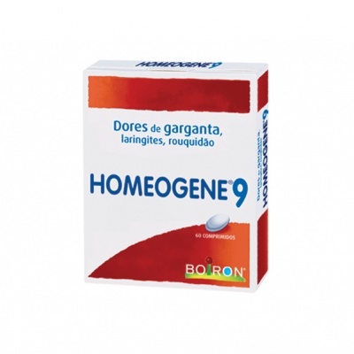 Medicamento HOMEOGENE 9 para dores de garganta em embalagem branca e vermelha