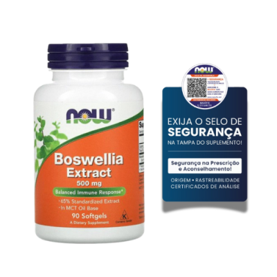 Frasco de suplemento NOW Boswellia Extract e selo de segurança em português