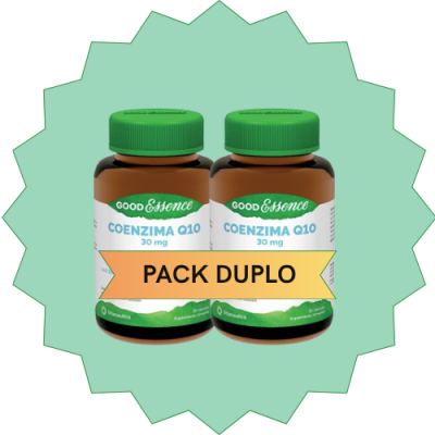 Dois frascos de suplemento Good Essence Coenzima Q10 30 mg com tampa verde e faixa PACK DUPLO