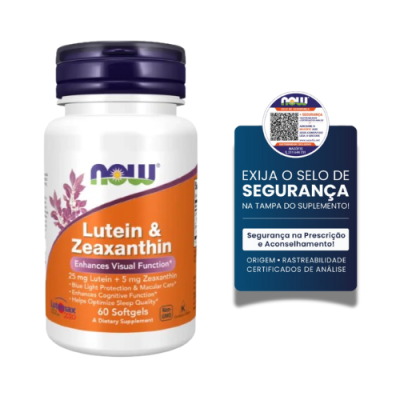 Frasco branco com tampa roxa de suplemento NOW Lutein & Zeaxanthin com rótulo laranja