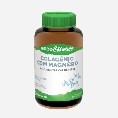 Frasco de suplemento GoodEssence colagénio com magnésio com rótulo branco e tampa verde