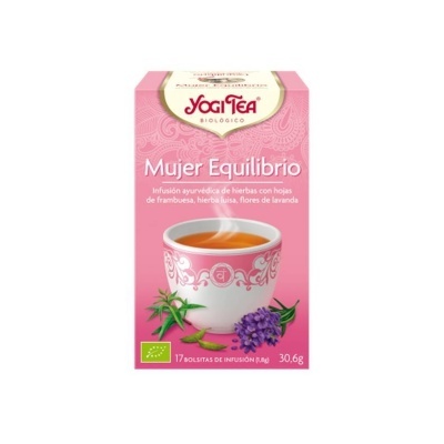 Caixa cor-de-rosa de chá Yogi Tea Mujer Equilibrio com chá servido numa chávena branca