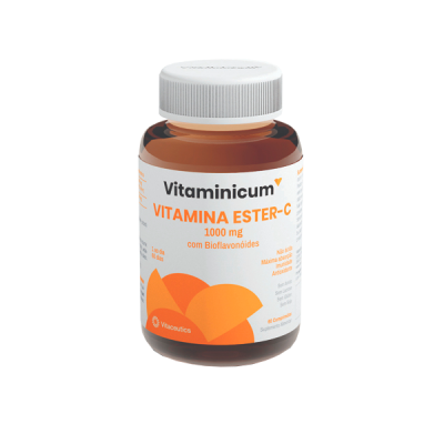 Frasco de suplemento Vitaminicum Vitamina Ester-C com tampa branca
