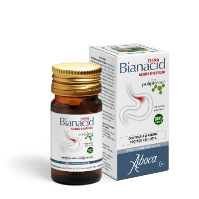 Frasco e caixa do medicamento Bianacid neo para acidez e refluxo com design branco, azul e verde