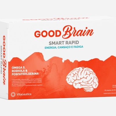 Embalagem de suplemento GOOD Brain Smart Rapid com design branco e laranja e imagem de cérebro