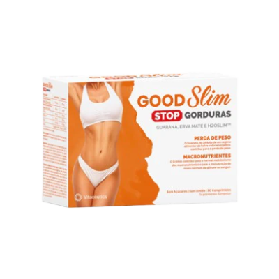 Embalagem do suplemento GOOD Slim STOP GORDURAS com imagem de mulher em roupa interior branca
