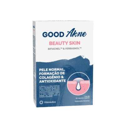 Embalagem do suplemento alimentar Good Akne Beauty Skin em fundo preto