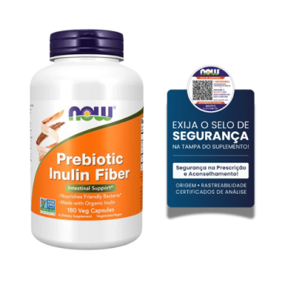 frasco branco com tampa roxa do suplemento NOW Prebiotic Inulin Fiber e selo de segurança