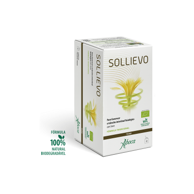 Embalagem branca do produto SOLLIEVO com ilustração de planta e selo 100% natural