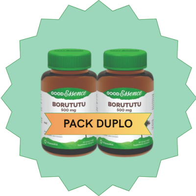 Dois frascos de suplemento Borututu 500 mg com tampa verde e rótulo branco com verde, com faixa amarela PACK DUPLO
