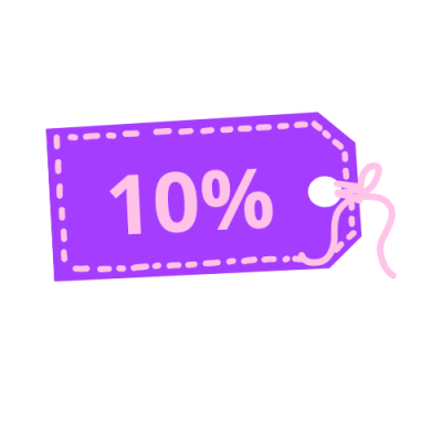 Etiqueta de desconto roxa com texto 10%