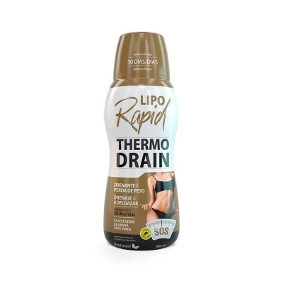 Frasco do produto Lipo Rapid Thermo Drain com texto e imagem da cintura feminina