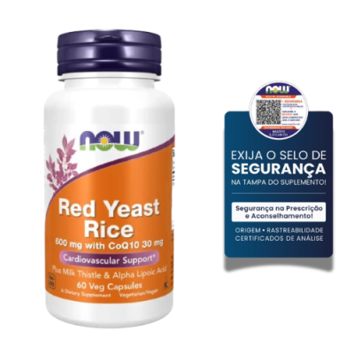 Frasco de suplemento NOW Red Yeast Rice 600 mg com rótulo laranja