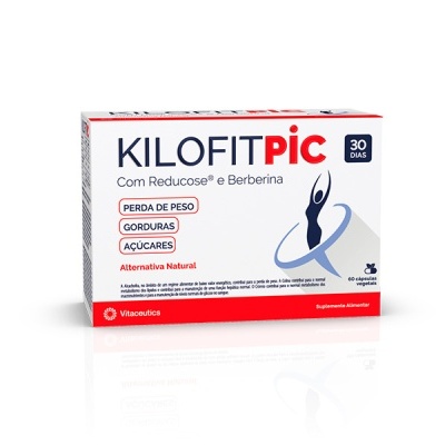 Caixa de suplemento alimentar KilofitPic com texto e figura humana estilizada