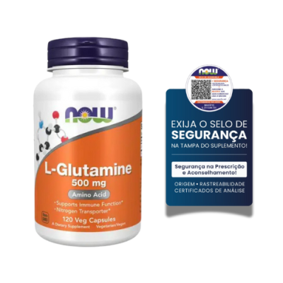 Frasco de suplemento NOW L-Glutamine 500 mg com rótulo laranja e selo de segurança azul