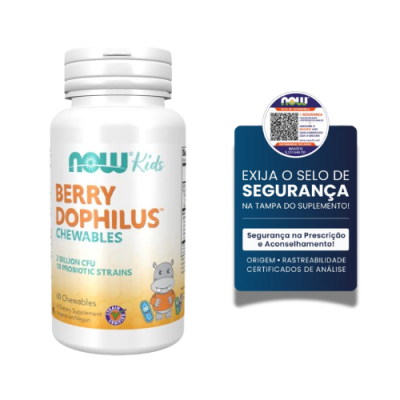 Frasco branco suplemento NOW Kids Berry Dophilus Chewables com selo de segurança azul