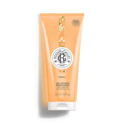 Geleia de duche Roger & Gallet Neroli com embalagem laranja e tampa branca