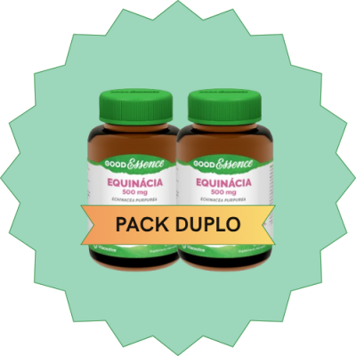 Dois frascos de suplemento Equinácia 500 mg GOOD Essence com rótulas coloridas
