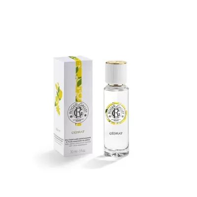 Frasco e caixa de perfume Roger & Gallet CÉDRAT branco com amarelo e verde
