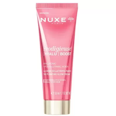 Tubo rosa de creme facial NUXE Prodigieuse Hyalu Boost com tampa dourada.