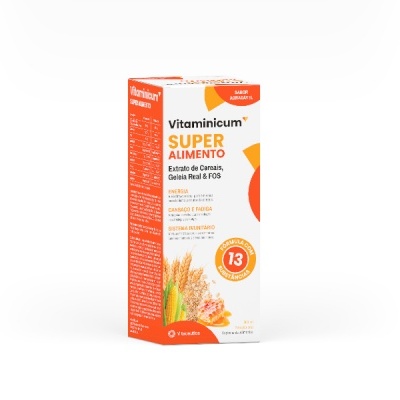 Embalagem de suplemento alimentar Vitaminicum super alimento laranja e branco