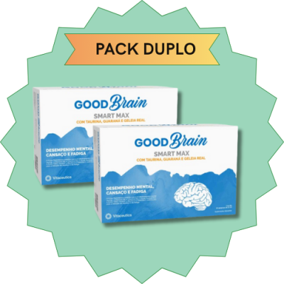 Pack duplo GoodBrain Smart Max, caixas brancas e azuis com texto e ilustração de cérebro