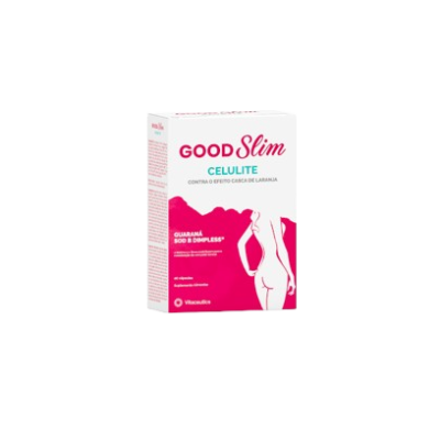 Embalagem de produto GOOD Slim Celulite branca e rosa com texto e imagem de costas femininas.