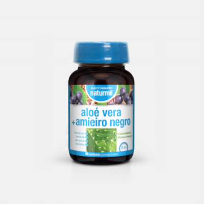 Frasco de suplemento de aloé vera e amieiro negro com tampa azul.