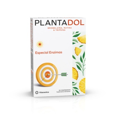 Caixa branca de suplemento Plantadol com desenho de alvo, seta e fruta de ananás