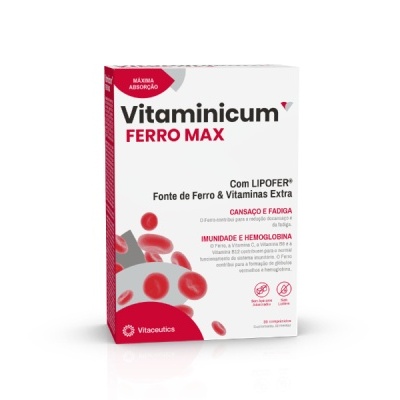 Embalagem Vitaminicum Ferro Max branca e vermelha com texto e ícones