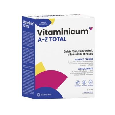 Caixa de suplemento Vitaminicum A-Z Total com texto em português e design colorido