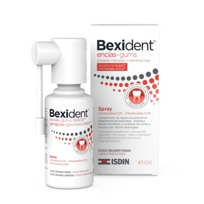 Spray Bexident gengivas embalagem branca 40 ml com texto preto e vermelho