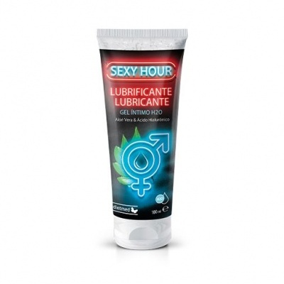 Tubo preto de gel íntimo lubrificante SEXY HOUR com tampa branca