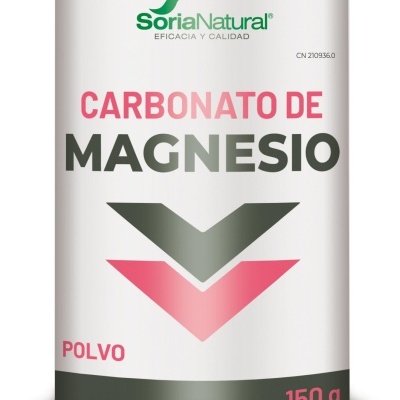 Lata branca de carbonato de magnésio em pó com rótulo da marca Soria Natural