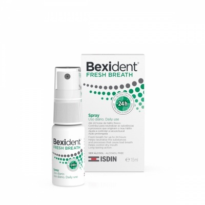 Inalador spray Bexident Fresh Breath branco e verde com embalagem de papel