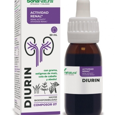 frasco de suplemento Diurin 50 mL da Soria Natural com embalagem branca e roxa