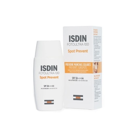 Frasco branco de protetor solar ISDIN FOTULTRA 100 Spot Prevent ao lado da caixa do produto