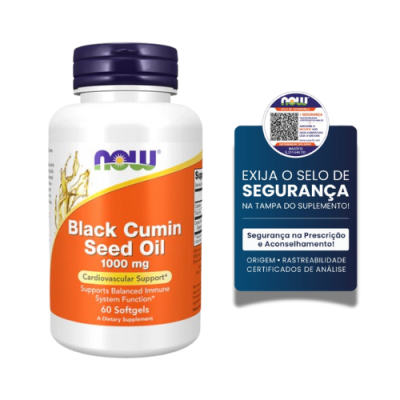 Frasco de suplemento Black Cumin Seed Oil da NOW com selo de segurança