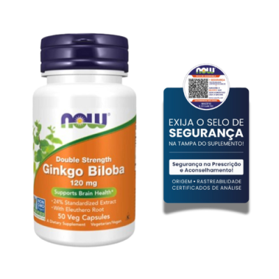 Frasco do suplemento NOW Ginkgo Biloba com selo de segurança ao lado