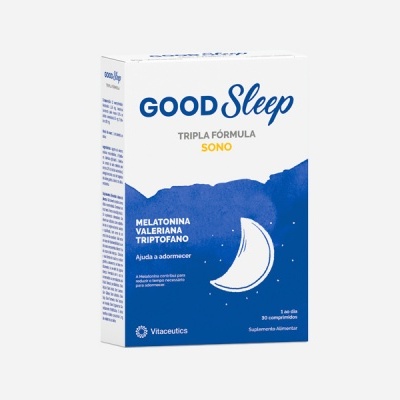 Embalagem de suplemento GOOD Sleep azul e branco com lua estilizada