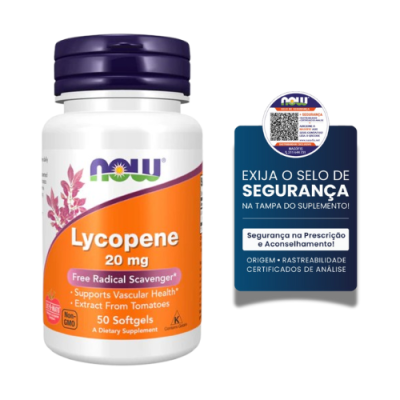 Frasco de suplemento NOW Lycopene 20 mg com selo de segurança
