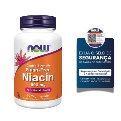 Frasco de suplemento NOW Niacina 500 mg e selo de segurança