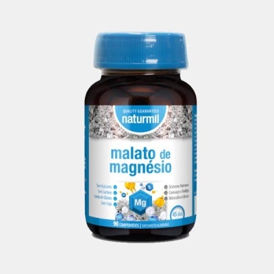 frasco de suplemento Naturmil malato de magnésio com tampa azul