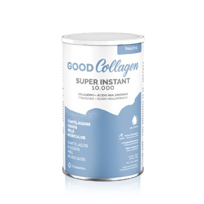 Embalagem cilíndrica de suplemento GOOD Collagen Super Instant 10.000 azul e branca