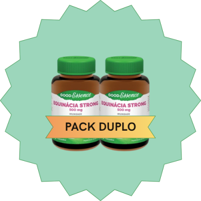 Dois frascos de suplemento Equinácia Strong com rótulo branco e verde, tampa verde, e faixa amarela PACK DUPLO em fundo verde estrela