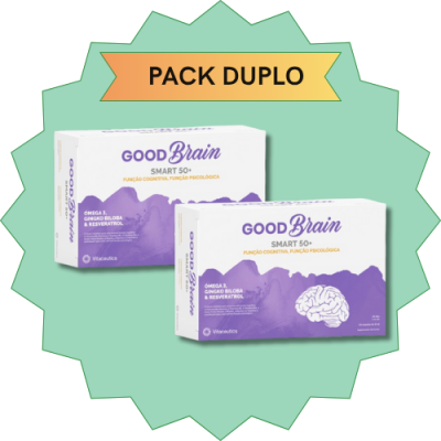 Pack duplo de suplemento alimentar GOOD Brain SMART 50+ em caixas brancas e roxas